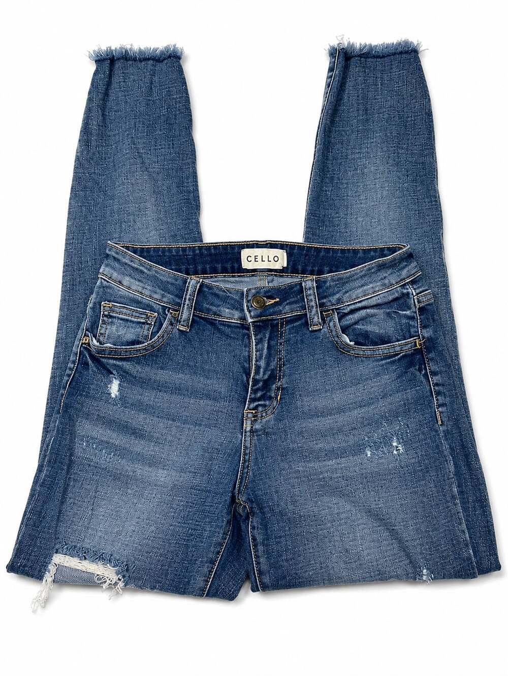Cello Mid Rise Distressed Skinny Ankle Jeans with Raw Hem